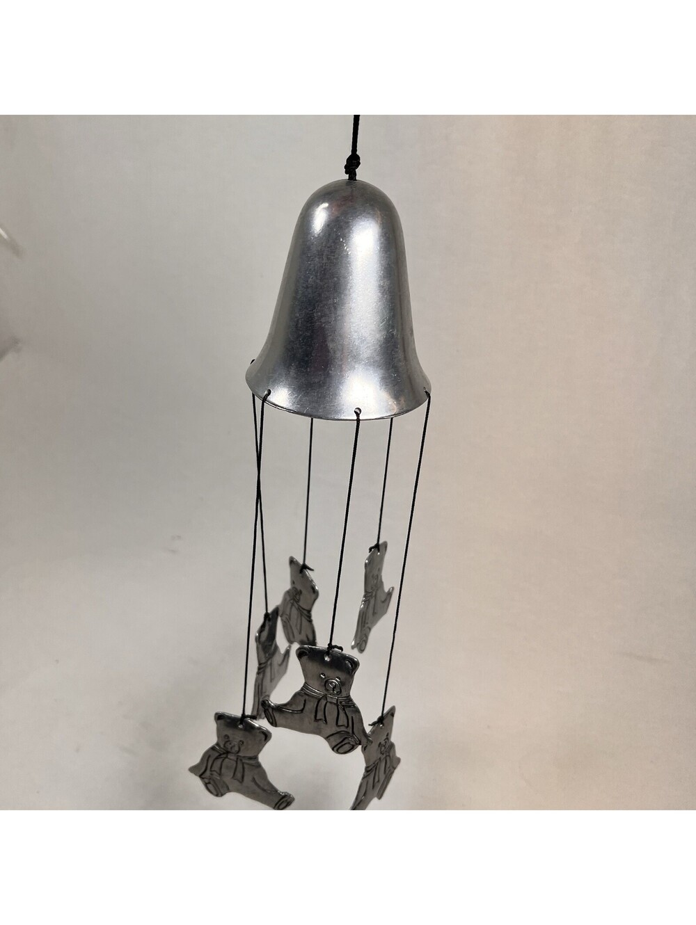 Vintage 1980s Pewter Teddy Bear Wind chime 20" Bears 3” Bell 4”